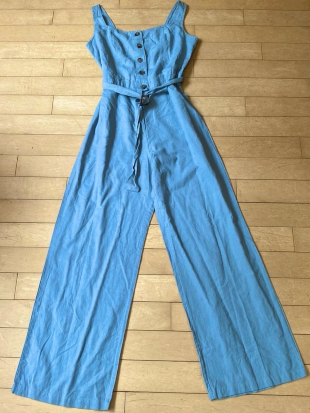 Japna Sky Blue Wide-Leg Button Front Jumpsuit with Tie Waist